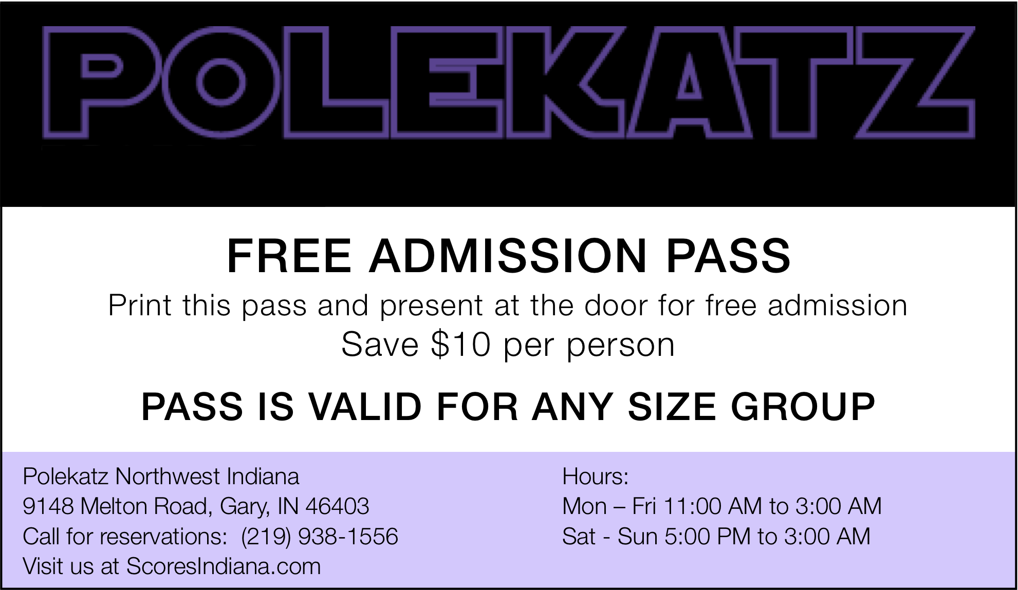 Free Pass to Polekatz Indiana